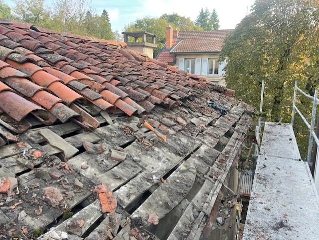 Détail tuiles cassées et poreuses