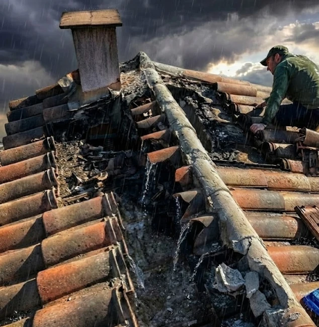 Artisan couvreur intervenant en urgence, mise hors d'eau, sur une toiture dans le Var