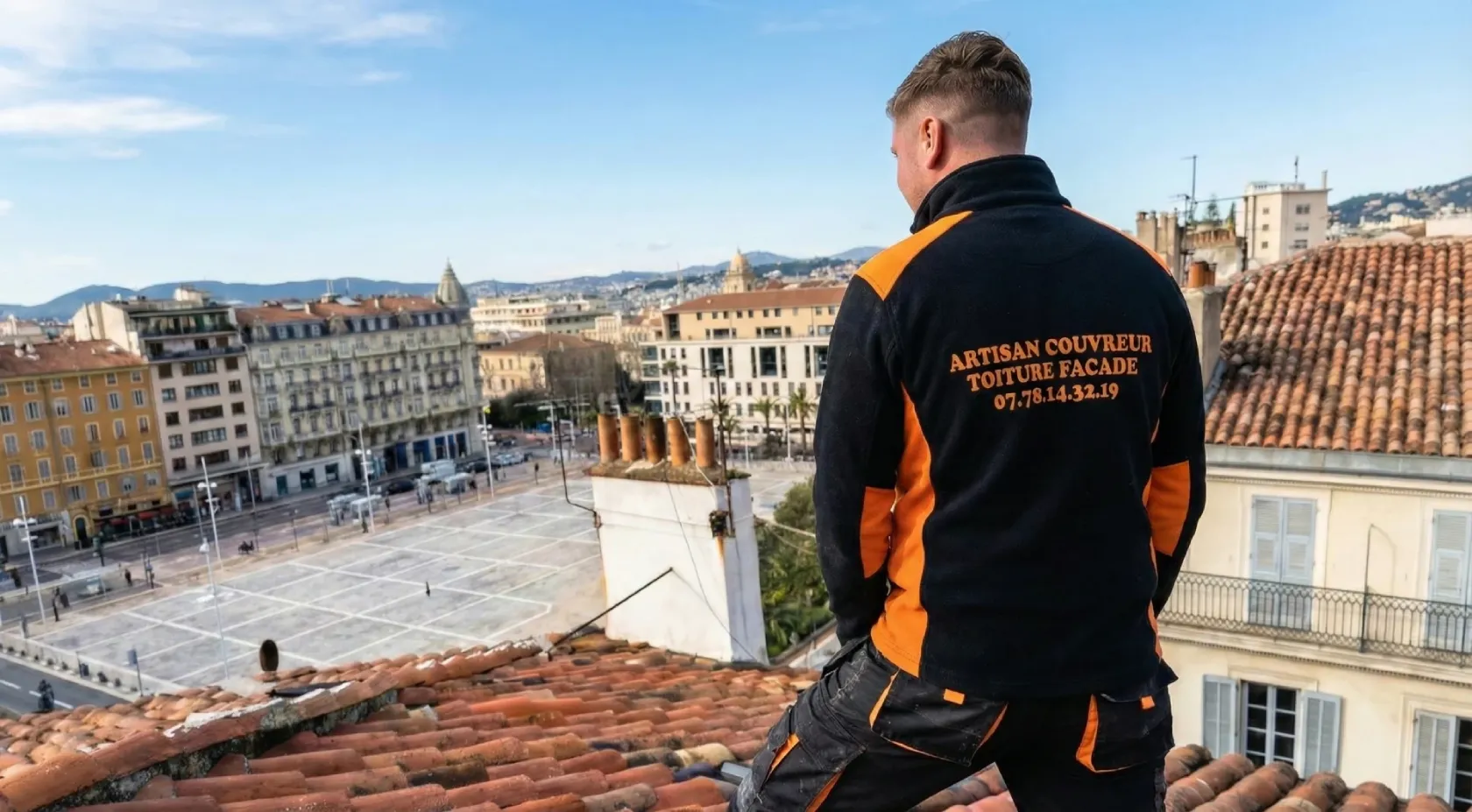 Artisan couvreur à Toulon sur une toiture dominant la rade (Var)